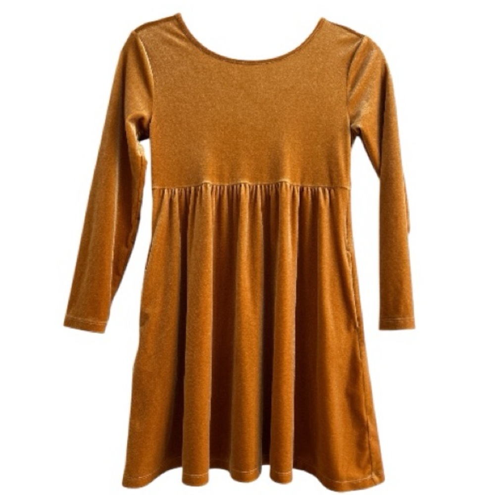 Girls Long Sleeve Soft Velvet Fit & Flare Holiday Dress. L 10-12. Yellow Mustard